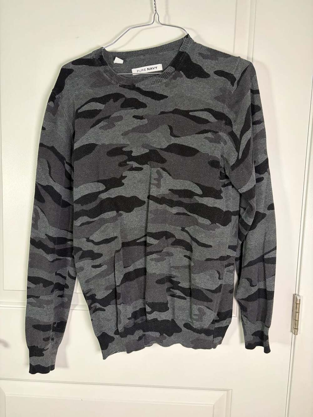 Pure Navy Gray Camo Crewneck Knit Sweater